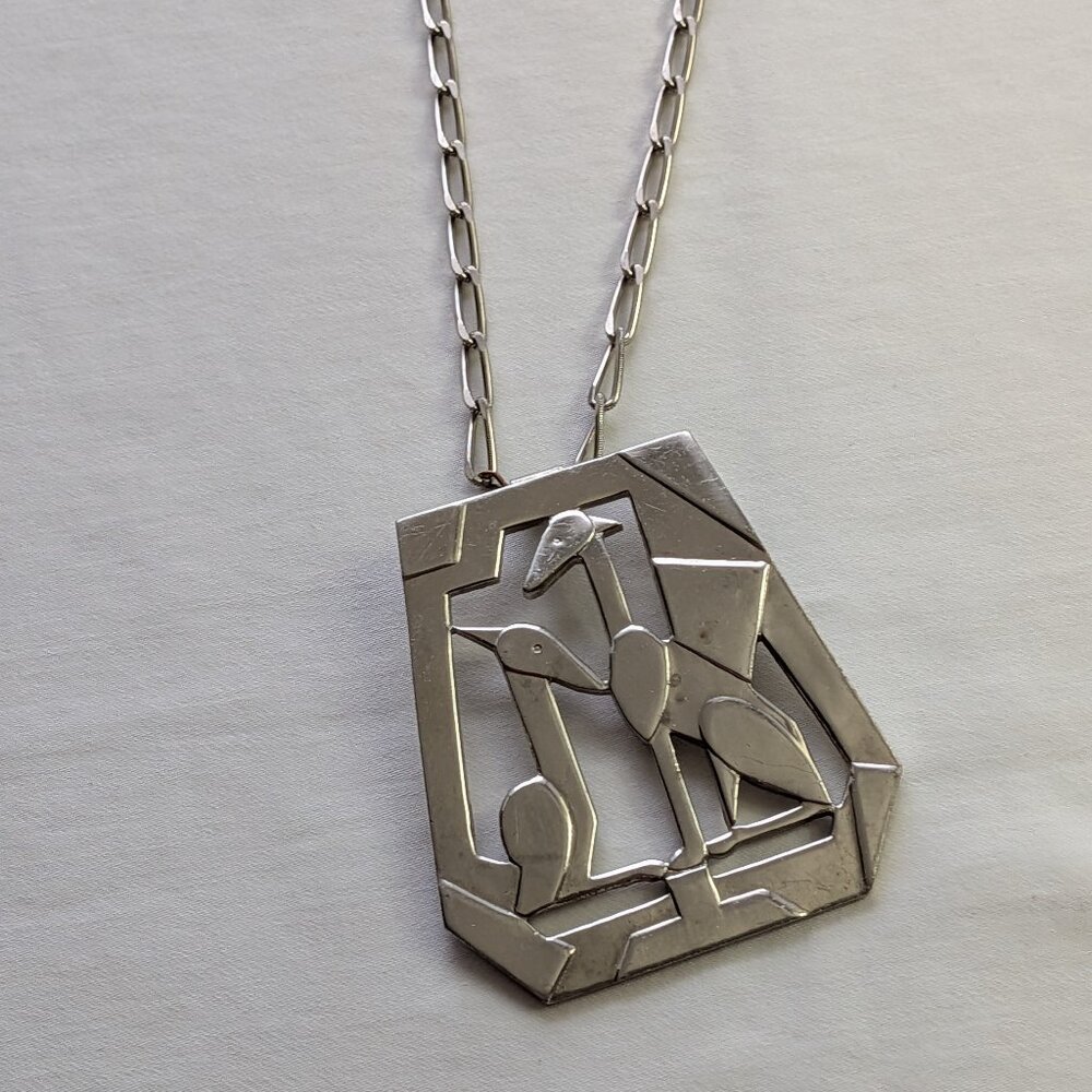 Vintage Freirich silver-tone pendant necklace with stylized birds